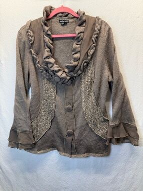 Very Vintage Amelia Austin Taupe Cardigan Unique with Chiffon Ruffles Y2K 90’s